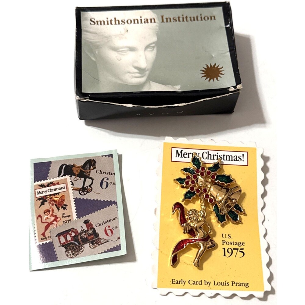 Vintage Avon 1996 Smithsonian Angel Brooch Bell Louis Prang Christmas Stamp NOS